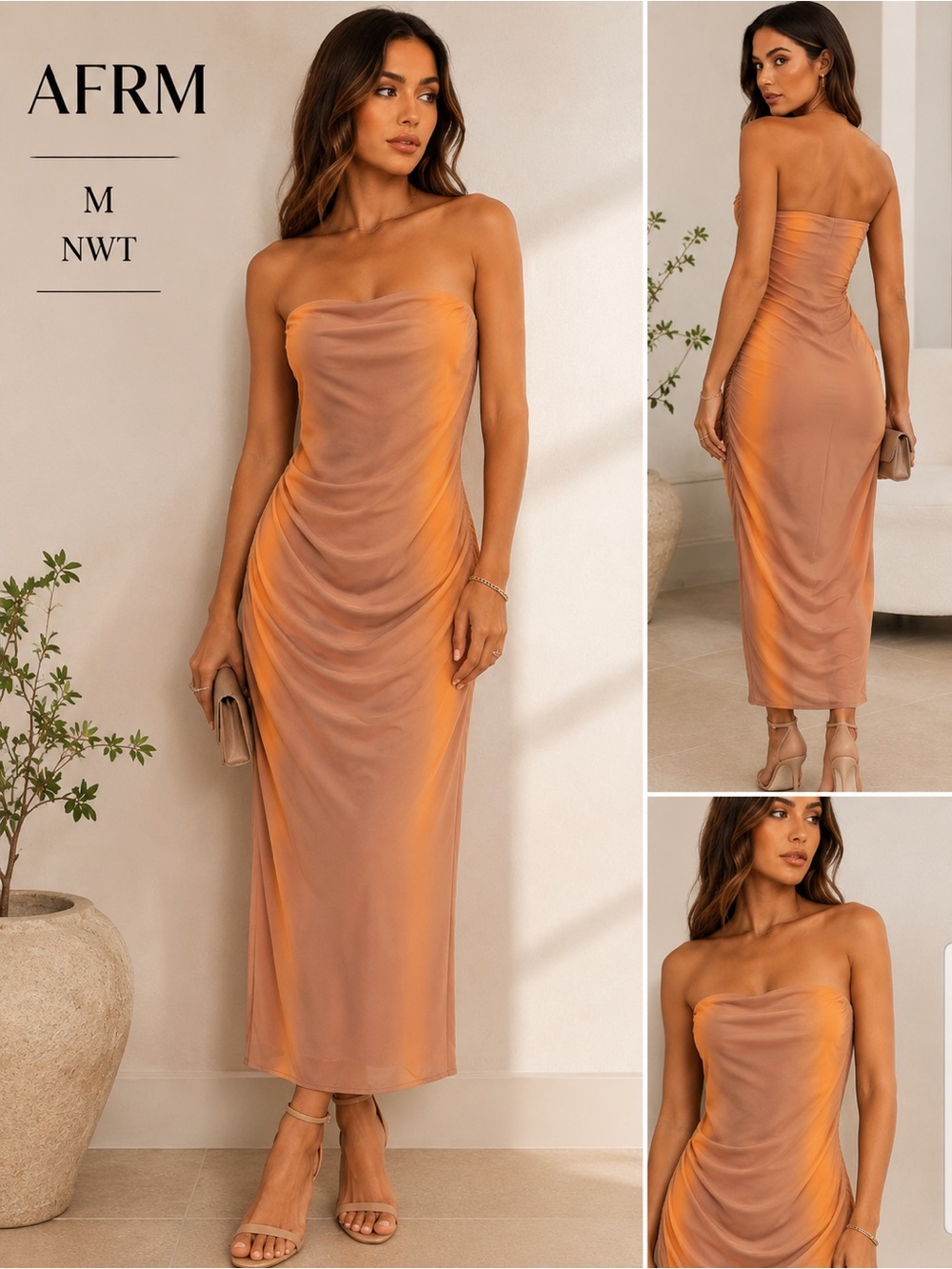 AFRM Strapless Ruched Midi Dress in Peachy Orange